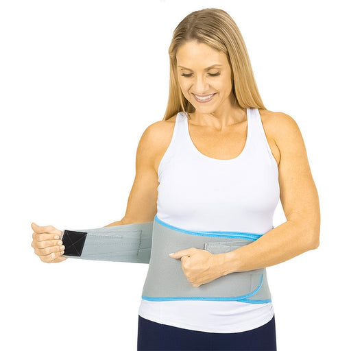 woman demonstrating how to wear the Vive Health Back Ice Wrap