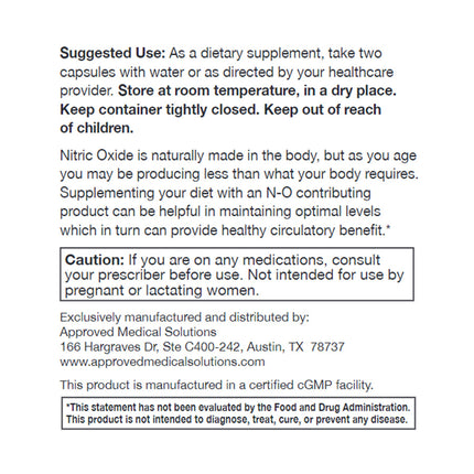 Approved Medical Solutions Nitric Oxide Supplements use instructions and disclaimers