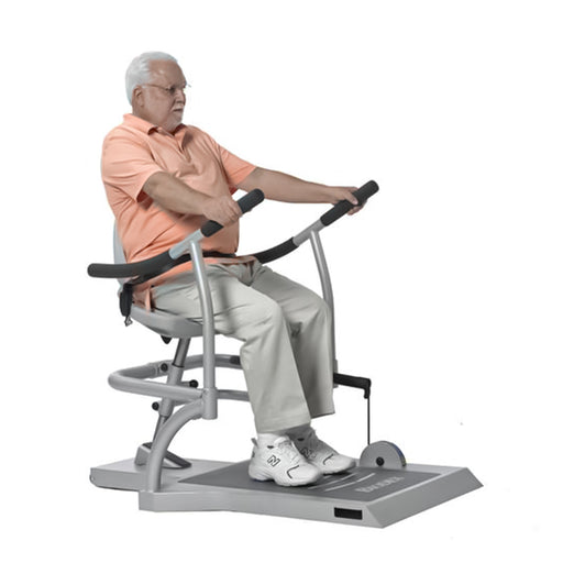 elderly man seated in the Biodex Rehab Sit2Stand Squat-Assist Trainer