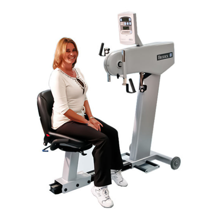 woman seated at the Biodex Rehab Upper Body Cycle