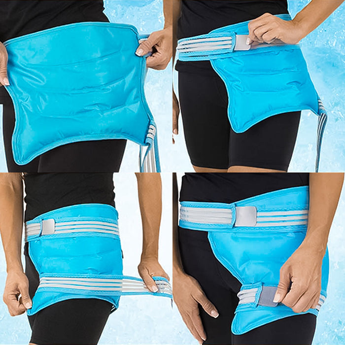 woman demonstrating how to wear the Vive Health Arctic Flex Hip Ice Wrap