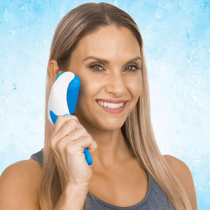woman using the Vive Health Arctic Flex Gel Cold Roller on her face
