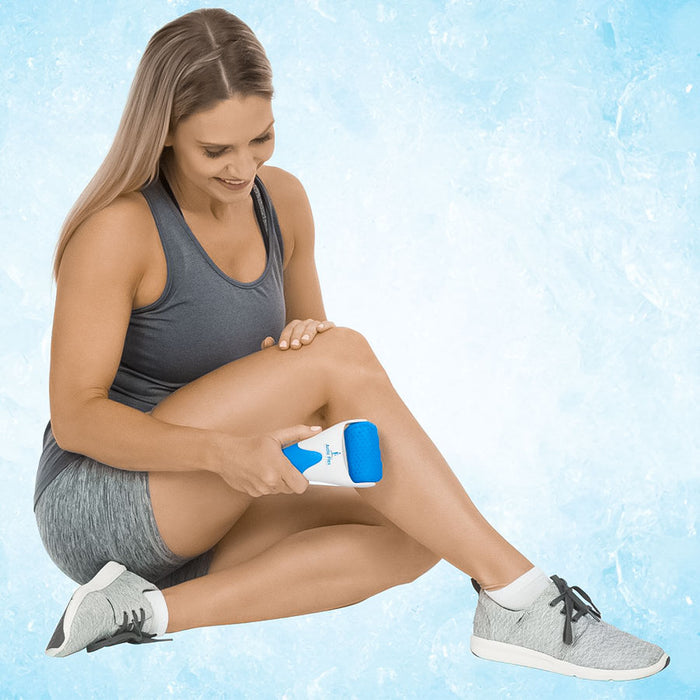 woman using the Vive Health Arctic Flex Gel Cold Roller on her calf
