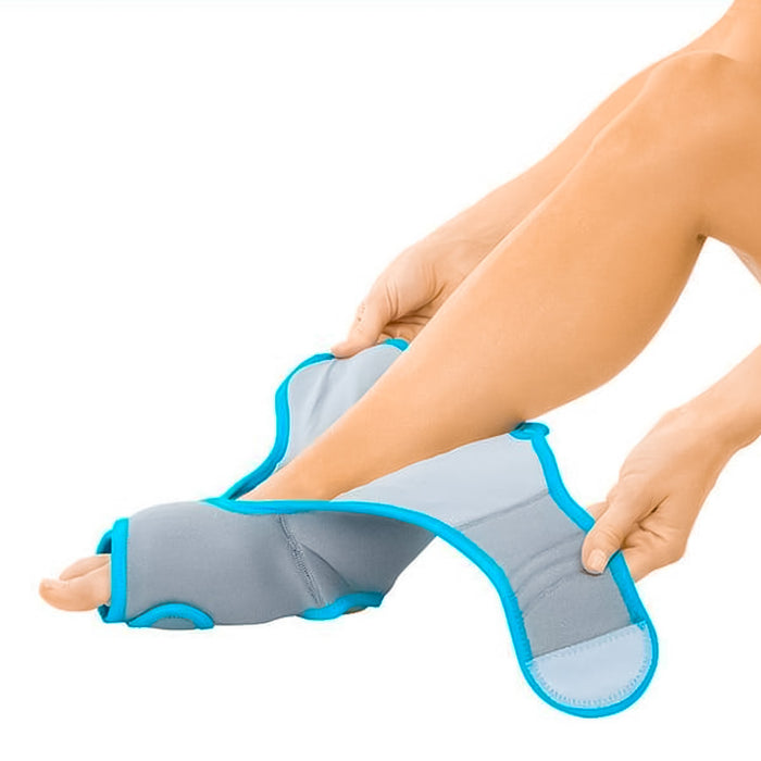 woman putting on the Vive Health Ankle Ice Wrap