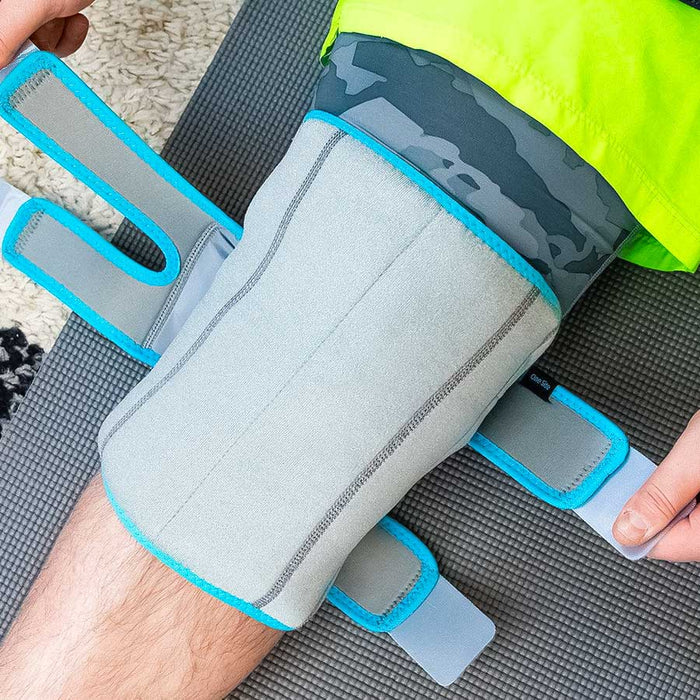 man demonstrating how to wear the Vive Health Knee Ice Wrap