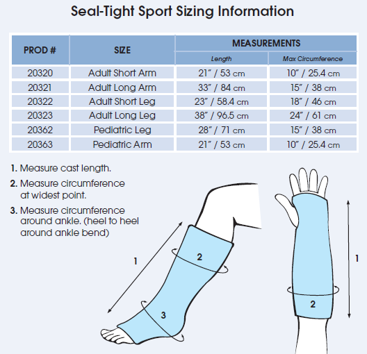 size guide for Brownmed SEAL-TIGHT Sport Cast Protector - Leg