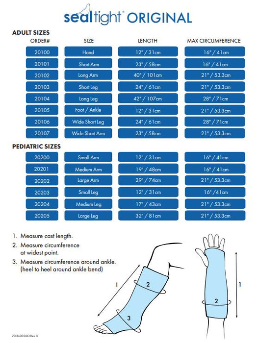 size guide for Brownmed SEAL-TIGHT Original Pediatric Arm Cast Protector