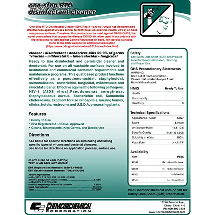 Chemcor One Step RTU Disinfectant Cleaner information