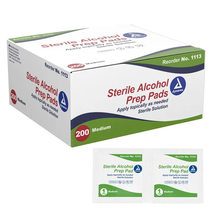 dynarex alcohol prep pads in medium size sold in 200ct