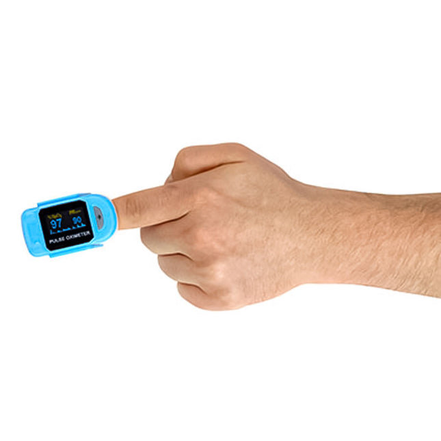man wearing Baseline Deluxe Fingertip Pulse Oximeter on his pointer finger