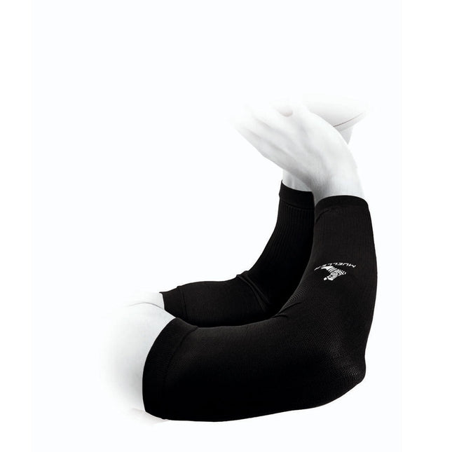 mannequin with bent elbows wearing the Mueller Graduated Compression Arm Sleeve