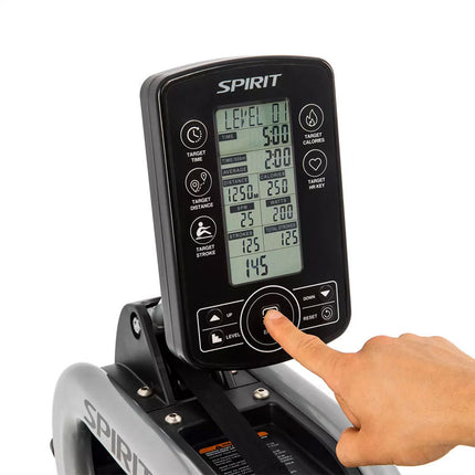 closeup of digital display on the Spirit Fitness CRW800H2O Water Rower