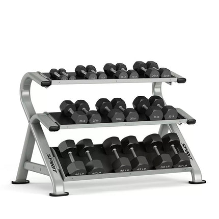 Spirit Fitness ST800DR3 Dumbbell Rack with dumbbells arranged neatly